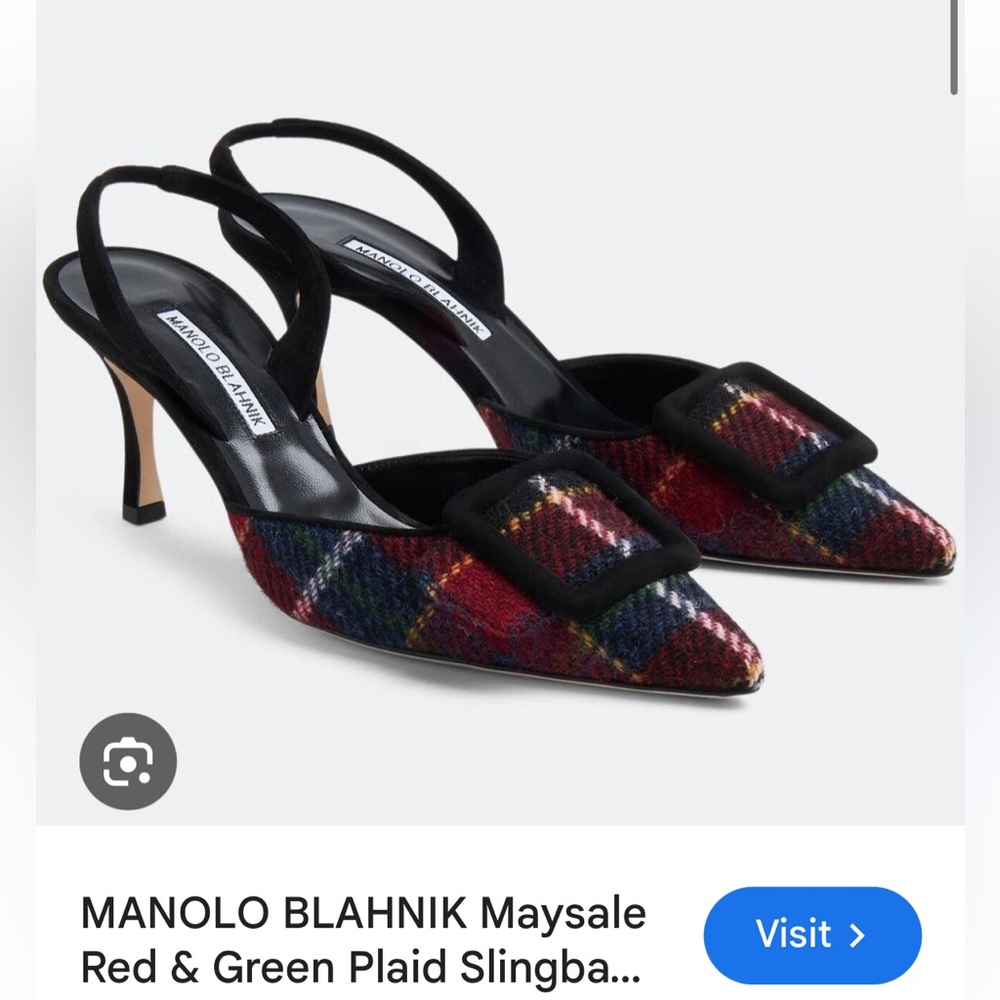 ISO Manolo Blahnik Plaid Maysli Maysale Slingback Heels Pumps Red 36.5 37 37.5